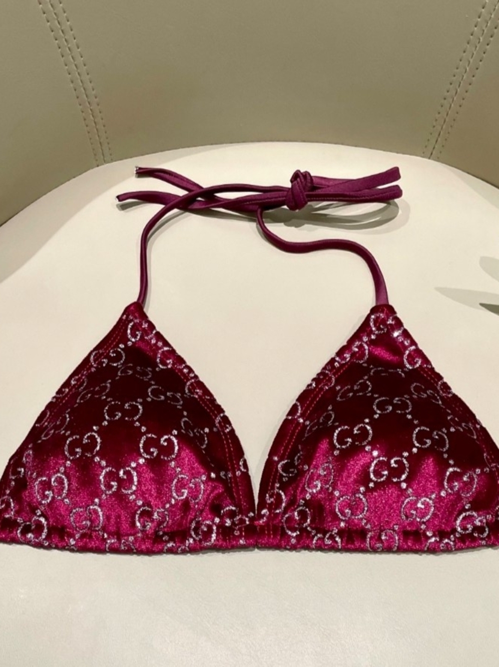 Gucci Satin Triangle Bikini Top in Deep Raspberry with GG Monogram